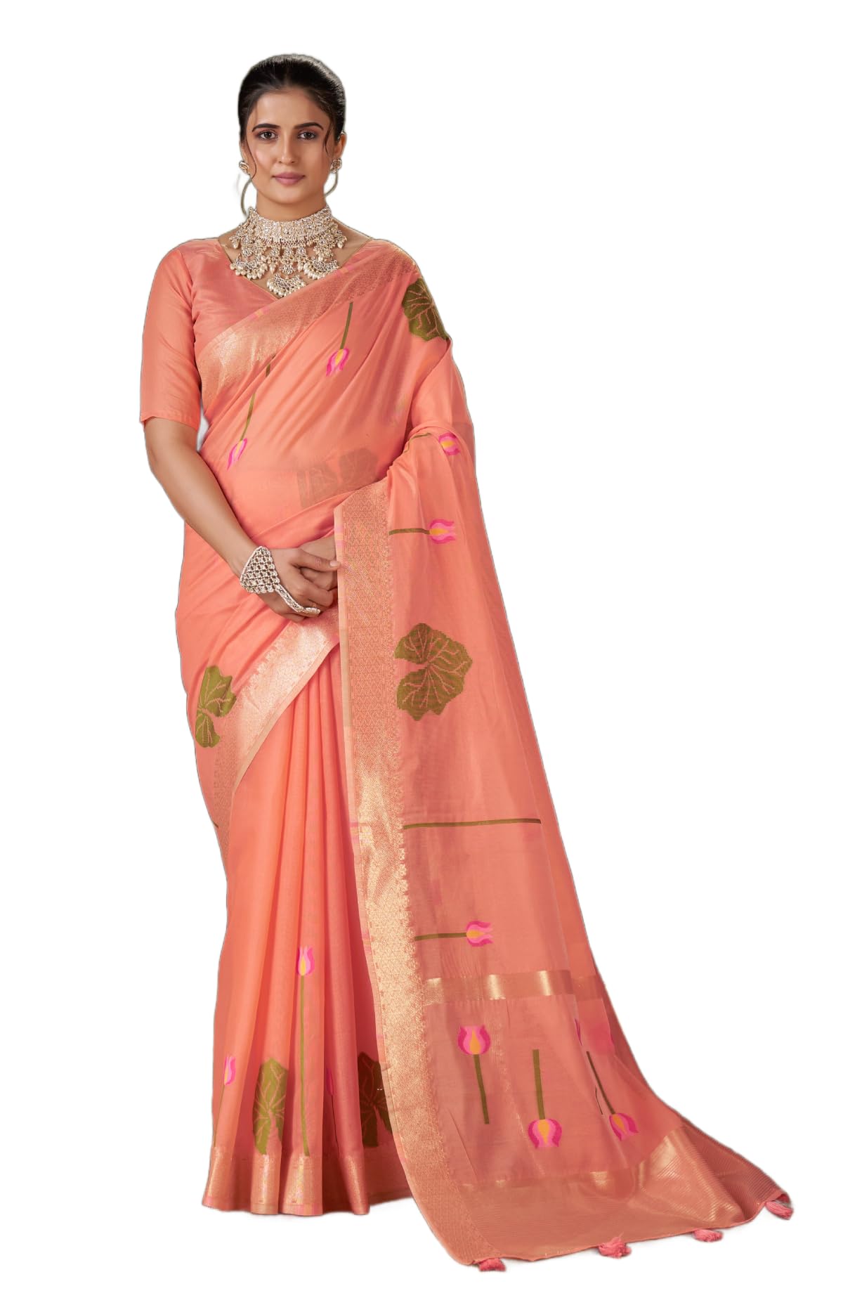 SWORNOF Women's Cotton silk saree for Patola festival Wedding silk with blouse piece (ORANGE1)