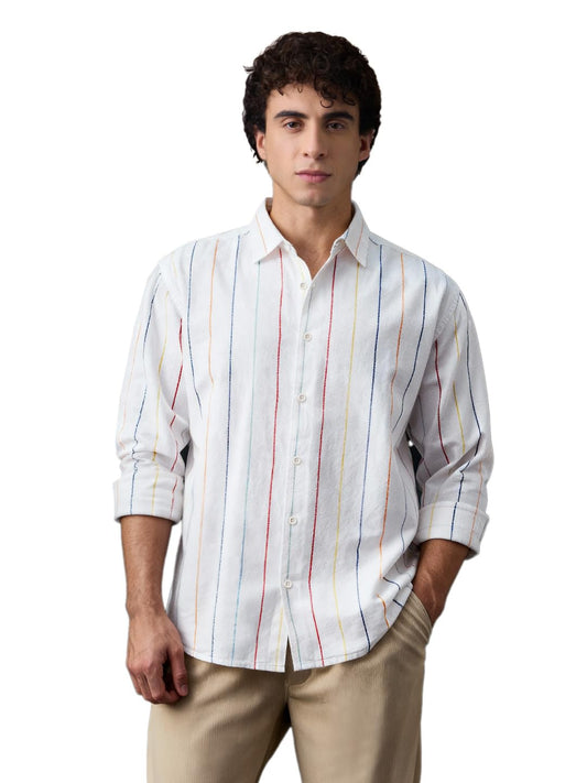 The Souled Store Cotton Linen Stripes: Prisma Men and Boys Long Sleeve Spread Collar White Stripes Regular Fit Casual Everyday Office Wear Lightweight Cotton Linen Shirt