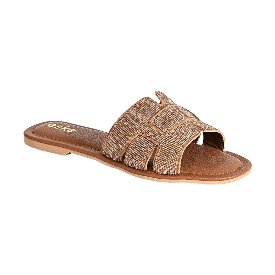 eske Estella Glitter Slip-On Sandals | Bronze Embellished Flat Slides | Comfortable Leather Insole | Stylish Party Wear Flats | Daily Casual Footwear for Girls & Ladies