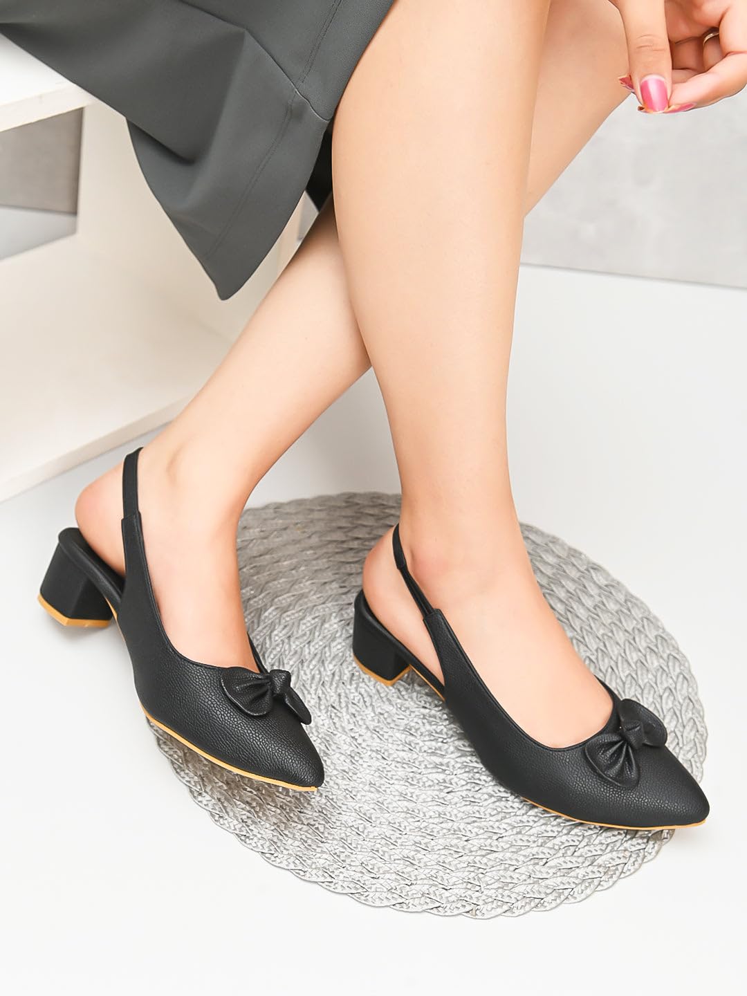 XE Looks Black Slingback Heels | Pointed-Toe Design | Comfortable & Stylish Cushioned Footbed Heels For Girl & Women