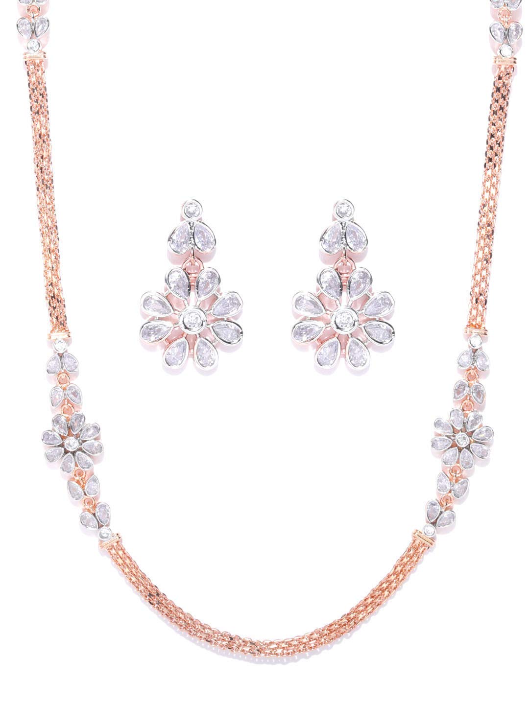 Priyaasi Sparkling Flower Jewellery Set for Women | Fancy Collection with Rose Gold Plating | Stylish American Diamond Jewellery Set with Earrings and Necklace