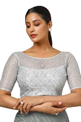 Soch Womens Silver Net Embroidered Padded Blouse with Sequins