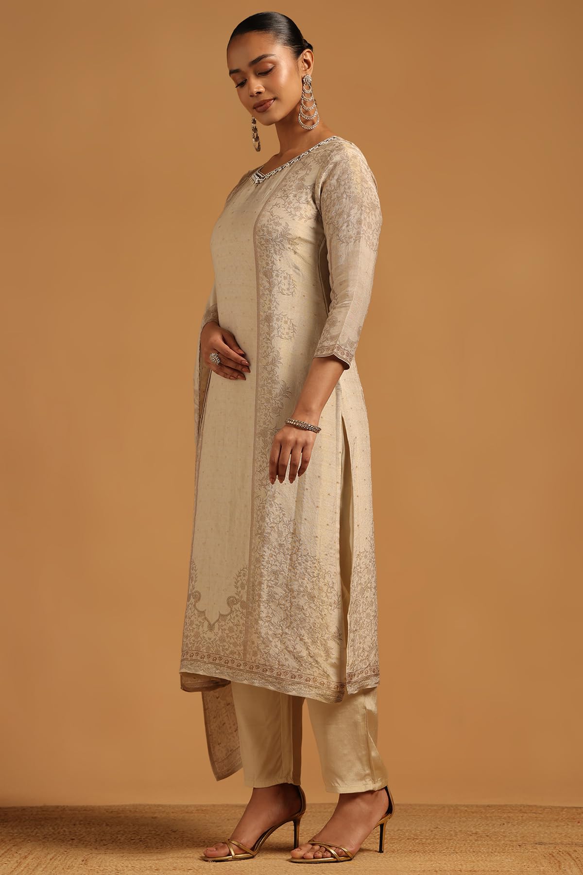 Soch Womens Beige Russian Silk Botanical Salwar Suit With Beads And Stones