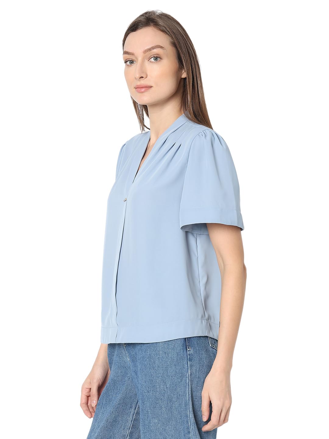 VERO MODA Women Solid Blue Polyester Regular Fit Top