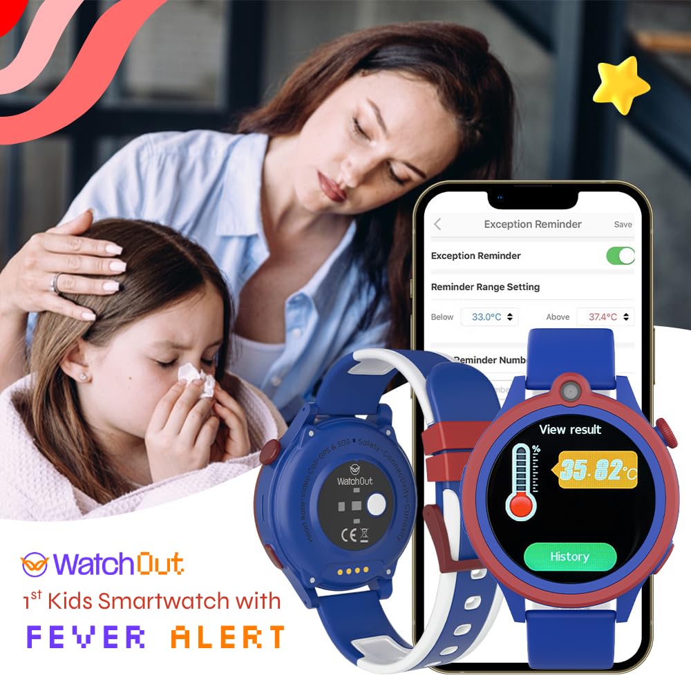 WatchOut Next-Gen+ Kids Smartwatch Phone with GPS, Fever Alert, Heart Rate, Video Call, SOS, Safe Zone, Class Lock, AirTag, Free SIM Card, Best Gift, Boys, Girls, Age 3-13, Shark Tank (Captain Blue)