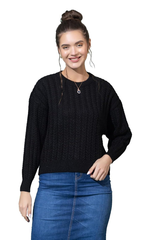 Prashar Women Round Neck Line Cable Design Full Sleeve Winter Wear Pure Wool Sweater (in, Alpha, 2XL, Black)