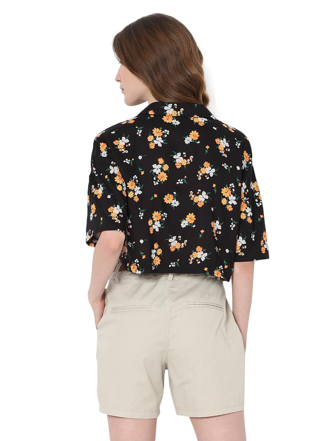 VERO MODA Women Floral Print Black Viscose Boxy Fit Crop Length Shirt
