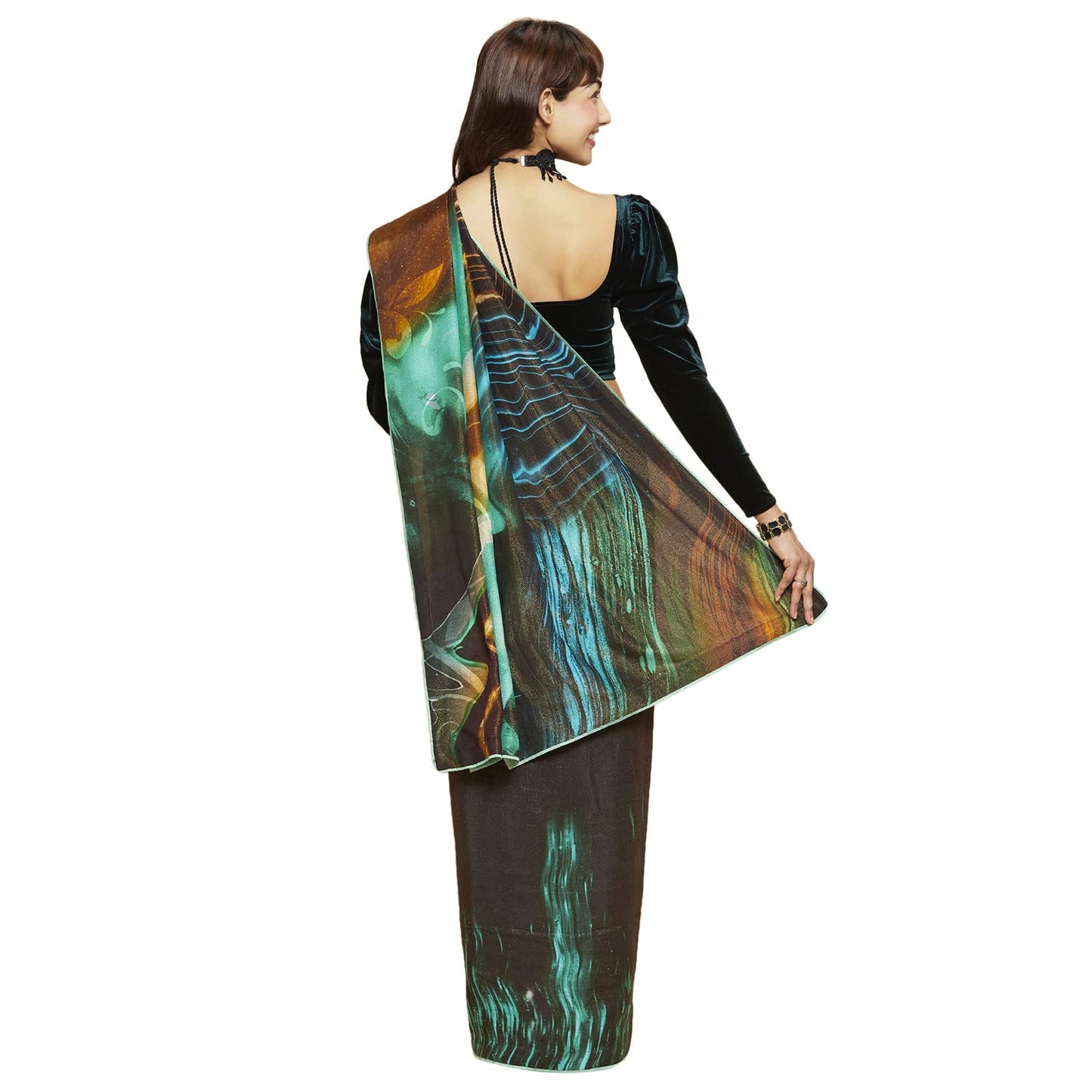 Navyasa Womens Teal Liva Shimmer Printed Woven Saree with Unstitched Blouse Piece