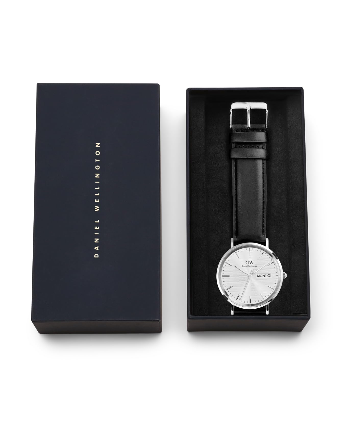 Daniel Wellington Classic Extension Analogue Watch for Man with Silver Round Dial & Black Leather Strap Band Water Resistant Men's Wrist Watches - DW00100832K