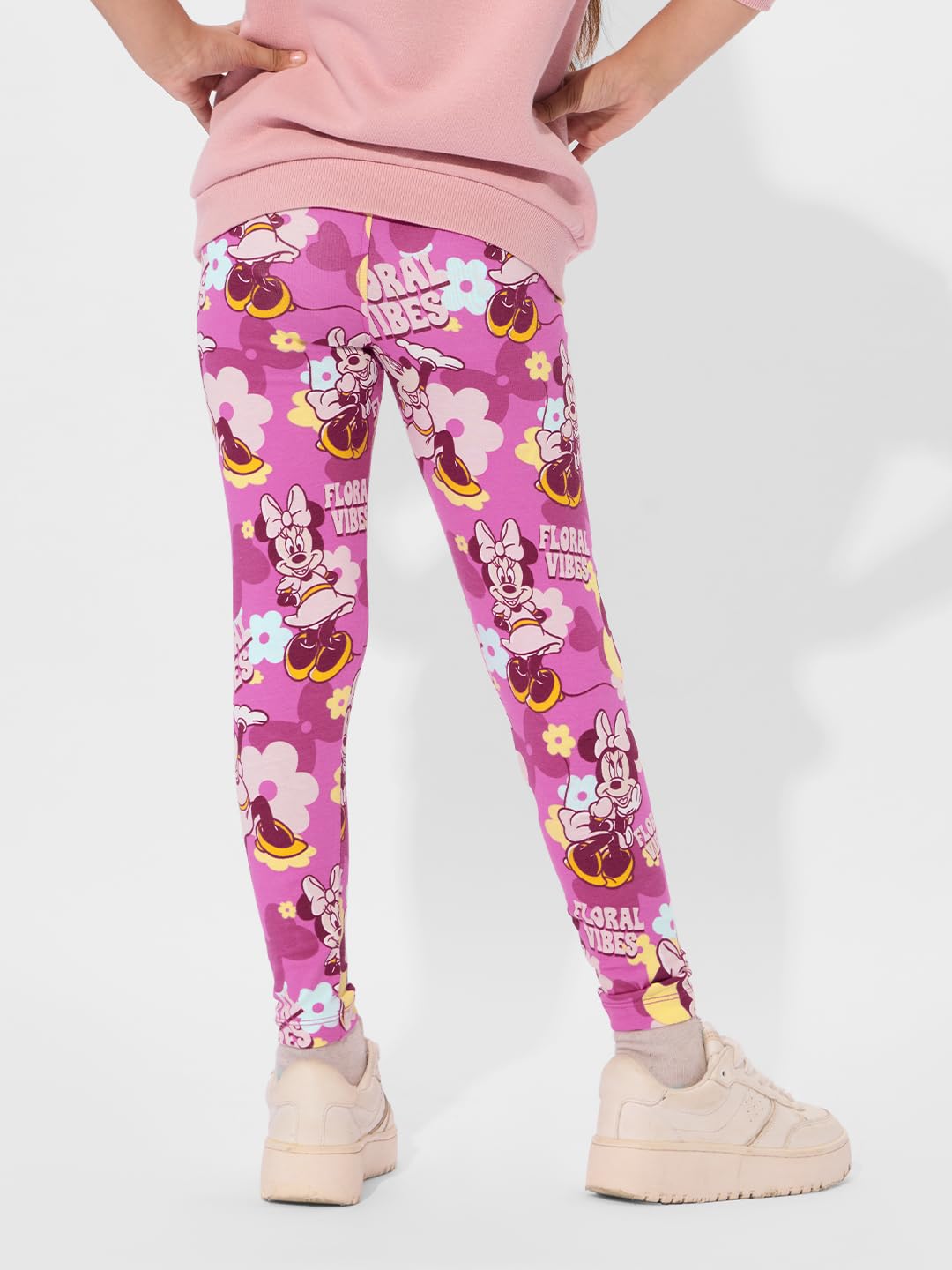 The Souled Store Official Disney: Bowtastic Printed Cotton Leggings for Girls Pink