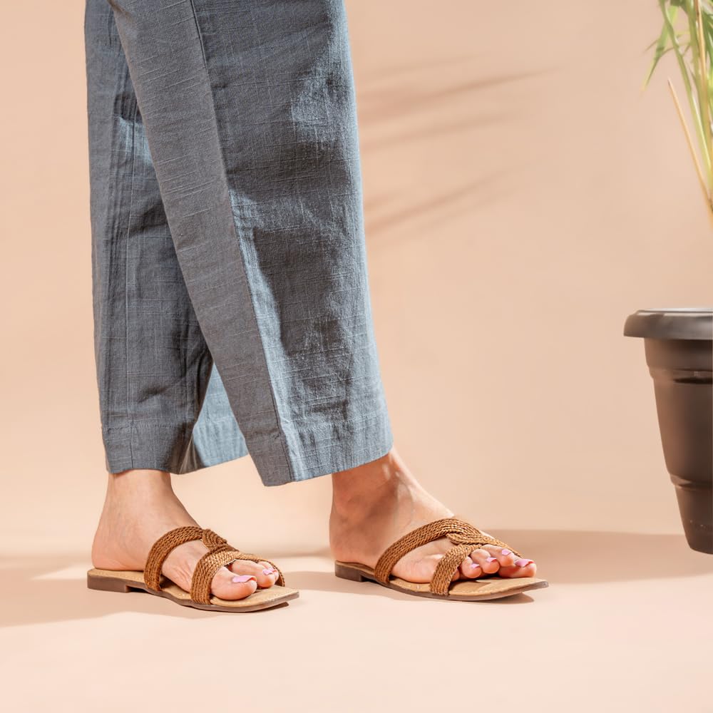 Indifeet Flat Jute Sliders for Women Stylish Footwear Belt Slippers Girls Womens Comfort Beach Open Toe Foot Wea New Latest Ladies Flats Support Strap Slides Design Brown