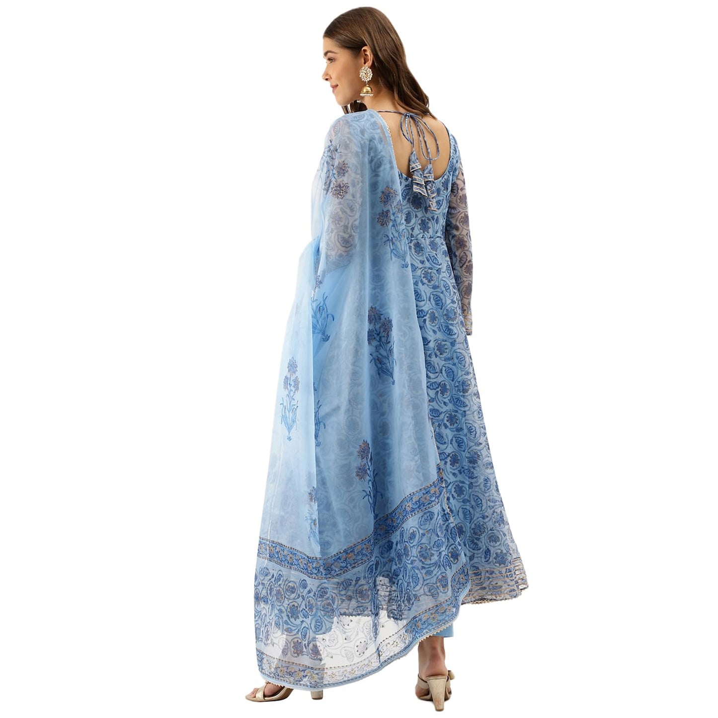 Divena Blue Floral Print Organza Anarkali Kurta set with Dupatta