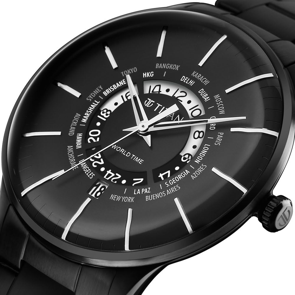Titan Quartz World Time with Date Black Dial Black Stainless Steel Strap Watch for Men - NT90145NM01