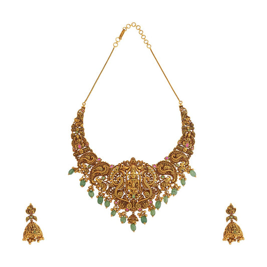 KUSHAL'S Fashion Jewellery Ruby-Green Gold Polished Antique Short Necklace With Push Back Jhumkas and Adjustable Chain for Bridesmaids, Necklace set for women - 435921