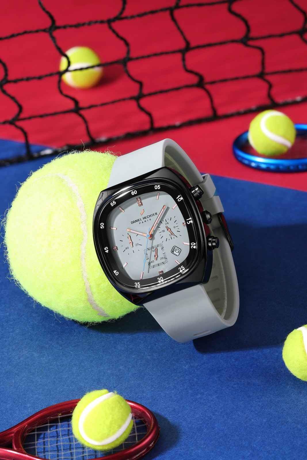 Daniel Hechter Paris Bercy Collection Modern Multi Functional Watch for Men with Square Dial and Silicon Band-DHM1001 (Dial: Black Strap: Grey)