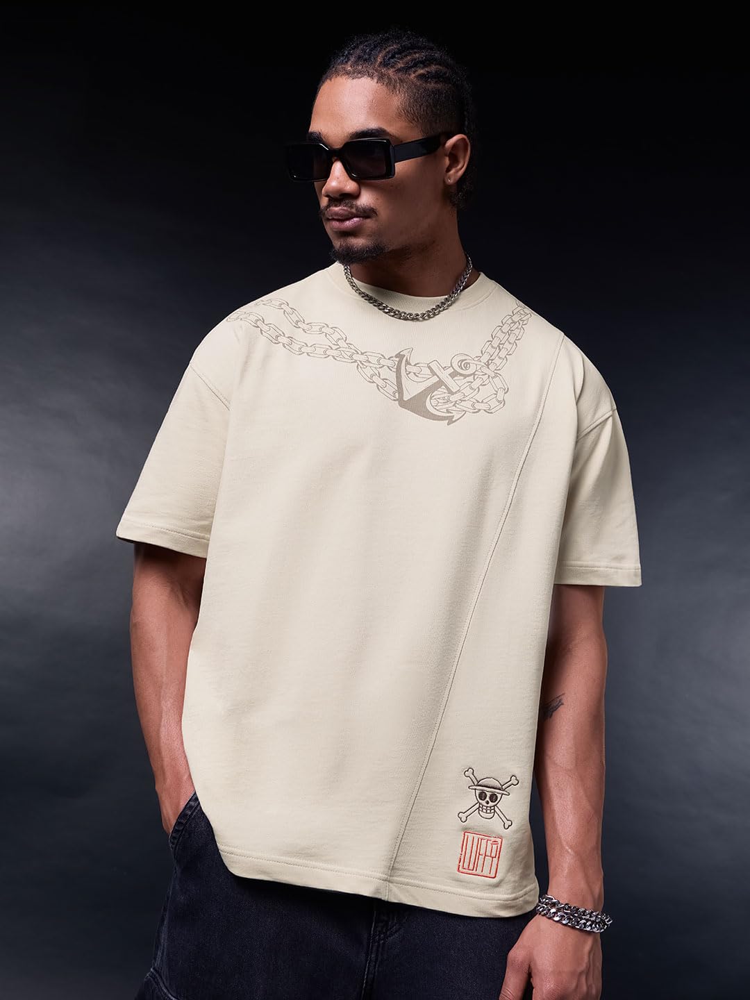 The Souled Store One Piece: Pirates Men and Boys Short Sleeves Round Neck Beige Graphic Printed Anime Casual Drop Shoulder Streetwear Lightweight Cotton Oversized T-Shirt