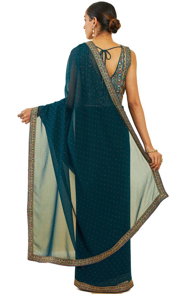 Soch Womens Turquoise Blue Georgette Saree With Stones And Embroidery