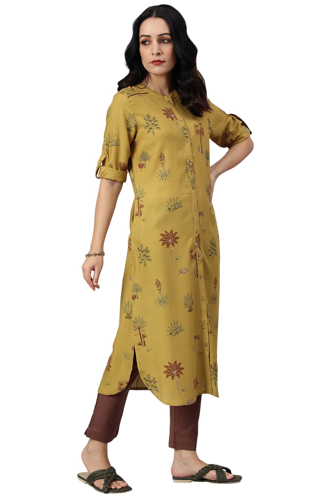 W for Woman Mustard Rayon Printed Button Down Kurta