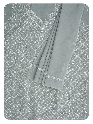 Ada Hand Embroidered Lucknowi Chikankari Unstitched Cotton Dress Material Suit Piece with Dupatta for Women 01A882279 Fossil Grey