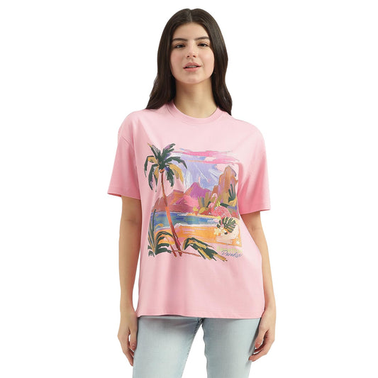 United Colors of Benetton Round Neck Tropical T-Shirt (Size: L)-25P3099W3277I29Y Pink