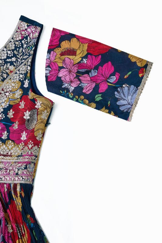 Soch Womens Navy Blue Chinon Blend Botanical Print Alia Cut Gown