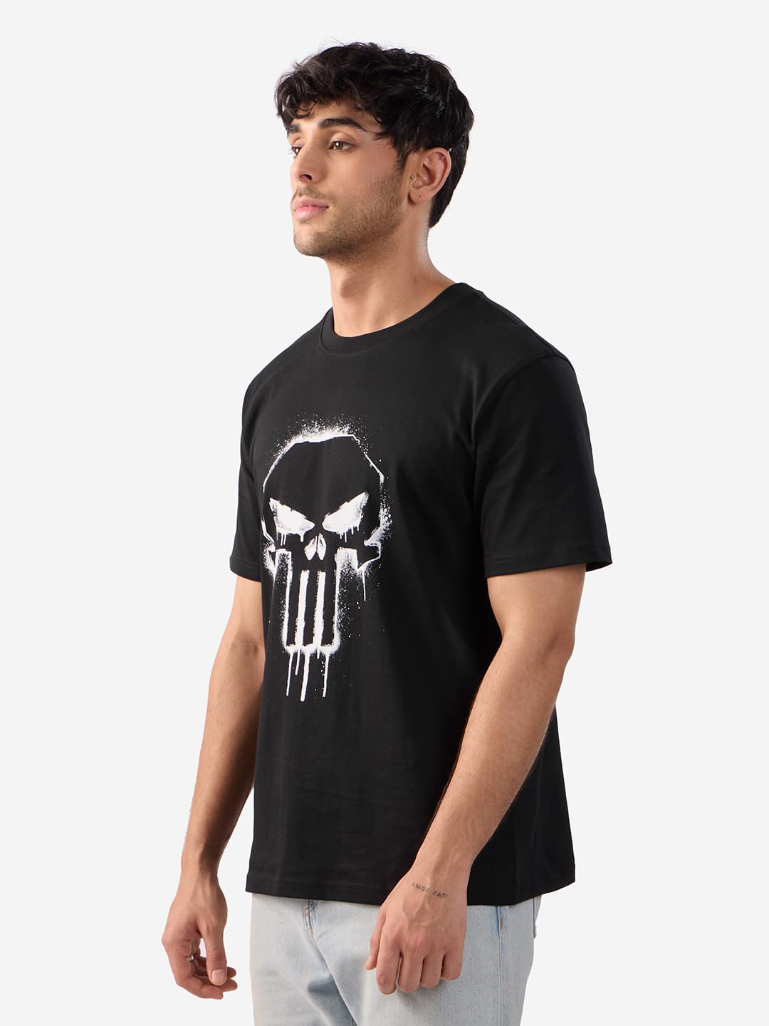 The Souled Store Official Punisher: Classic Logo Men and Boys Short Sleeves Round Neck Black Graphic Printed Regular Fit Cotton T-Shirts