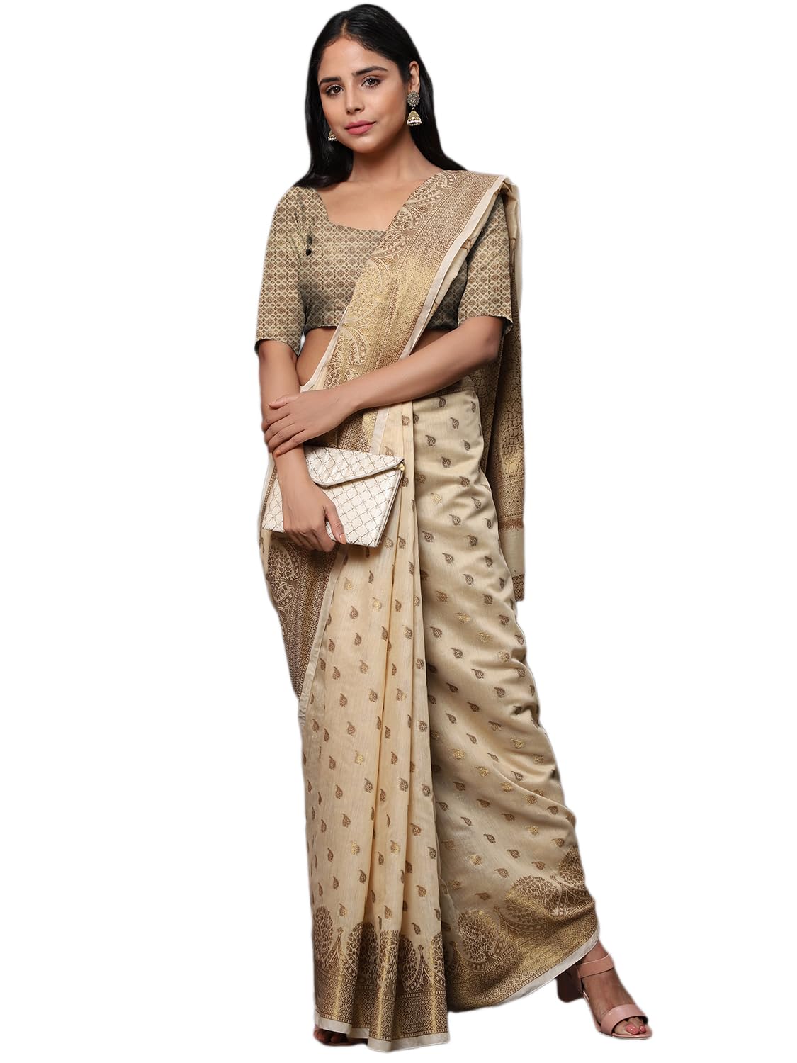 leeza store Women's Khaki Cotton Silk Blend Golden Zari Tree Pattern Border Rich Pallu Banarasi Saree With Blouse Piece