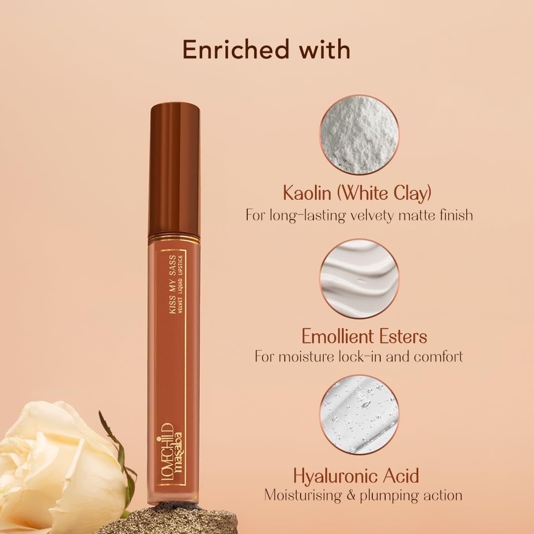 LoveChild Masaba Kiss My Sass Velvet Matte Lipstick (Mauve), Intense Color, Transfer-Proof, Hydrating with Hyaluronic Acid, Long-Lasting & Lightweight, Smooth Glide Formula, SIMP 3.5ml