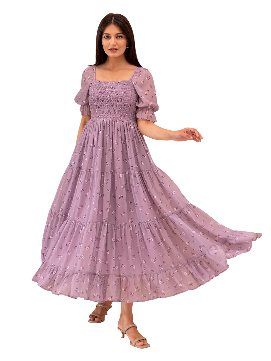 KZULLY | Dress for Women | Midi Length | Flared Hem | Puff Sleeve | Square Neck | Smocked Bodice