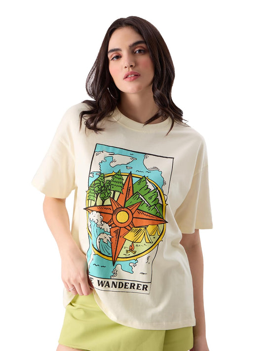 The Souled Store Women TSS Originals: The Wanderer Oversized T-Shirt Oversized T Shirts for Women T-Shirt Girls Cotton Casual Half Sleeves Baggy Loose Fit Drop Shoulder Round Neck Back Printed