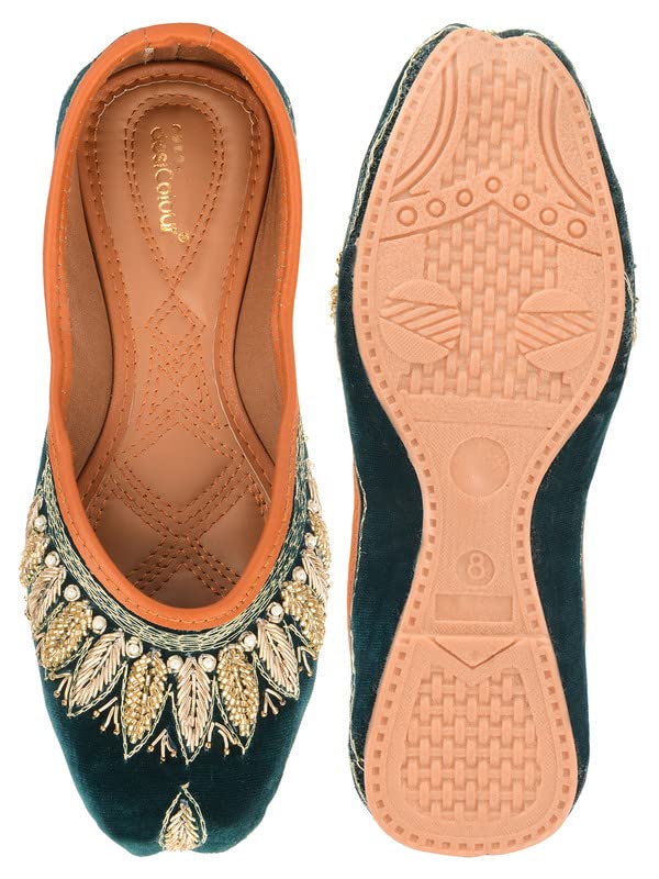DESI COLOUR Mojari Punjabi Jutti for Women Ethnic Footwear- Velvet Hand Embroidered (Green, Numeric_8)