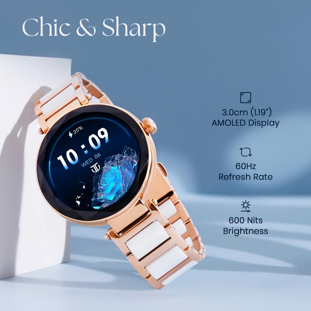 Titan Elixir 1.19" AMOLED Stainless Steel Smart Watch for Women Latest with Diamond Cut Design, SpO2, BP & Skin Temp Monitorings, Heart Rate, BT Calling, Voice Assistant, Water Resistant (Rose Gold)