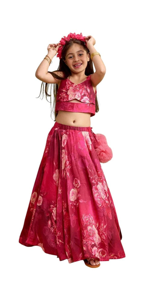 Leons Fab irl's Vibrant Floral Rayon Printed Stylish Crop Top And Lehenga (Pink, 11-12 Years)