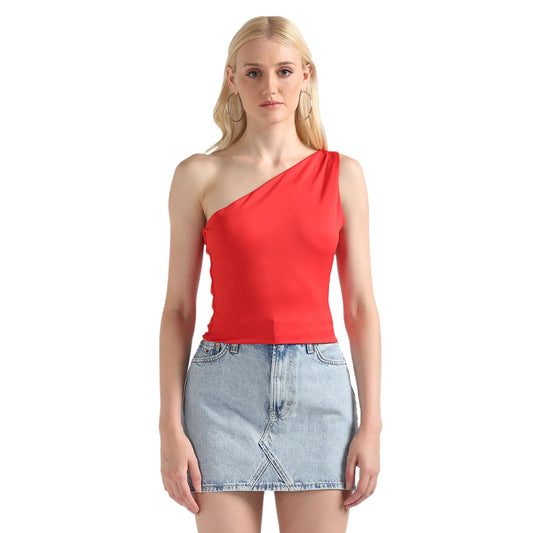 Tommy Hilfiger Polyester Red Solid One Shoulder One Shoulder Women Asymetric Top (L)