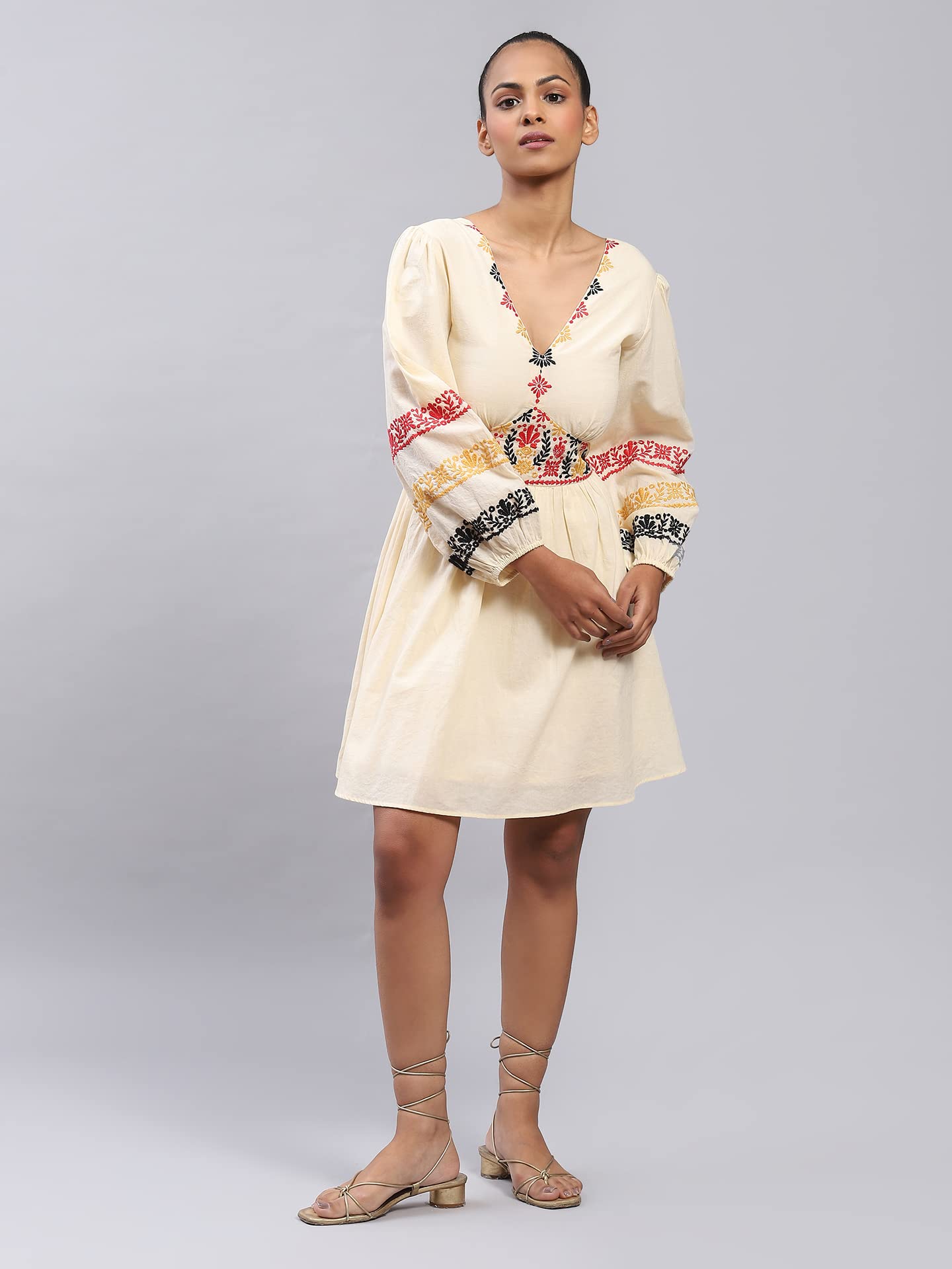 Label RITU KUMAR Women Cotton V Neck Full Sleeve Embroidered Short Casual Dress White