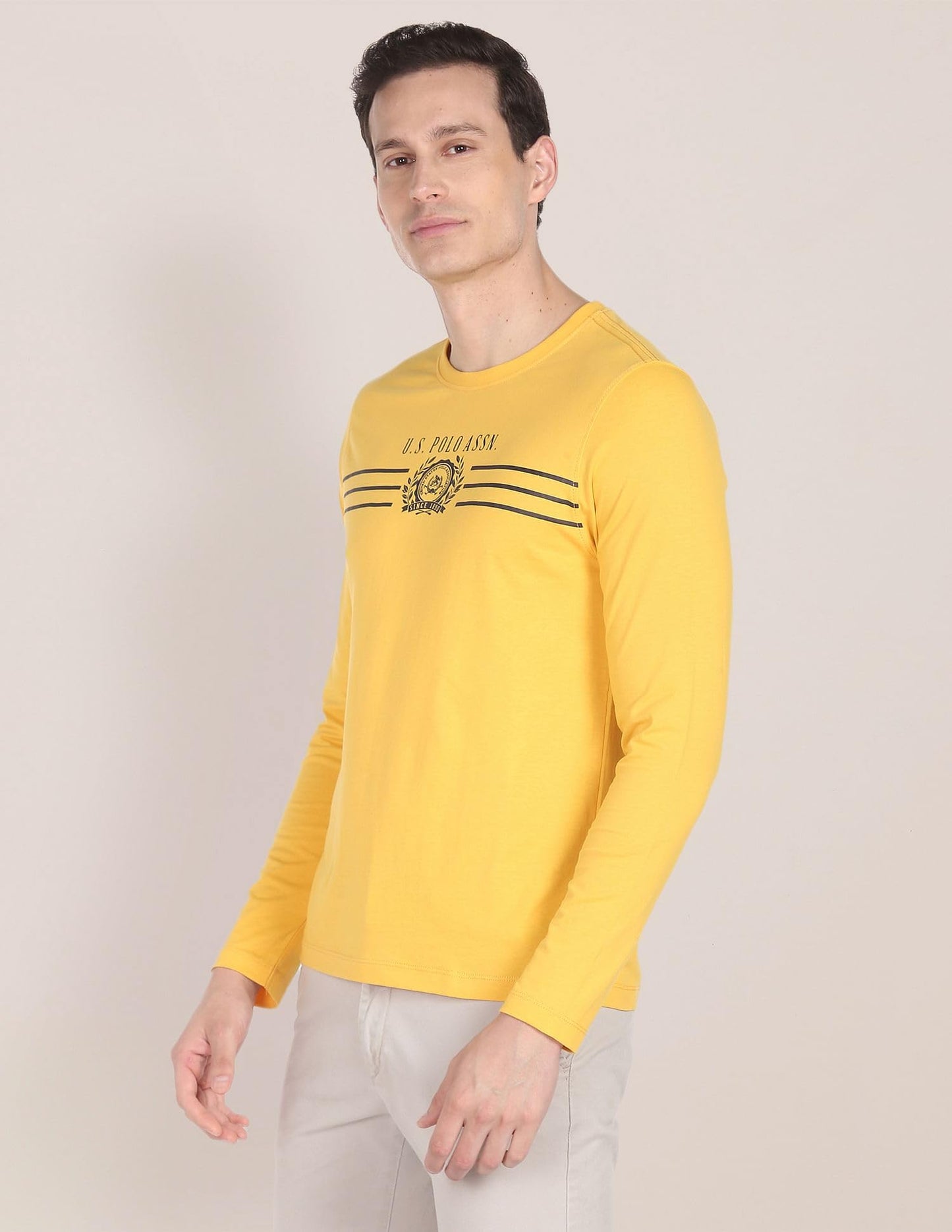 U.S. POLO ASSN. Men's Crew Neck Long Sleeve Brand Print Cotton T-Shirt (USTSHS1382_Yellow_L)