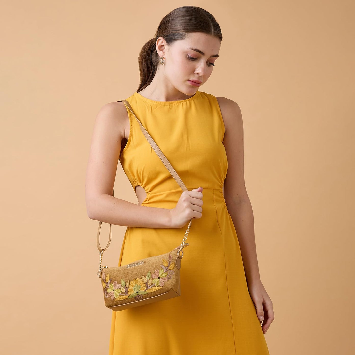 Caprese Siji Tresna Small Sling Bag for Women | Kashida Embroidery Crossbody with Adjustable Strap & Secured Zip Closure | Stylish Handbag for Everyday Use, Travel & Special Occasions (Brown)