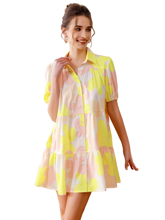 Shasmi Women's Yellow Flower Print Short Sleeve Button Front All-Over Printed Dresses, Ruffle Hem Smock Dress for Woman (161 Dress Yellow-S)