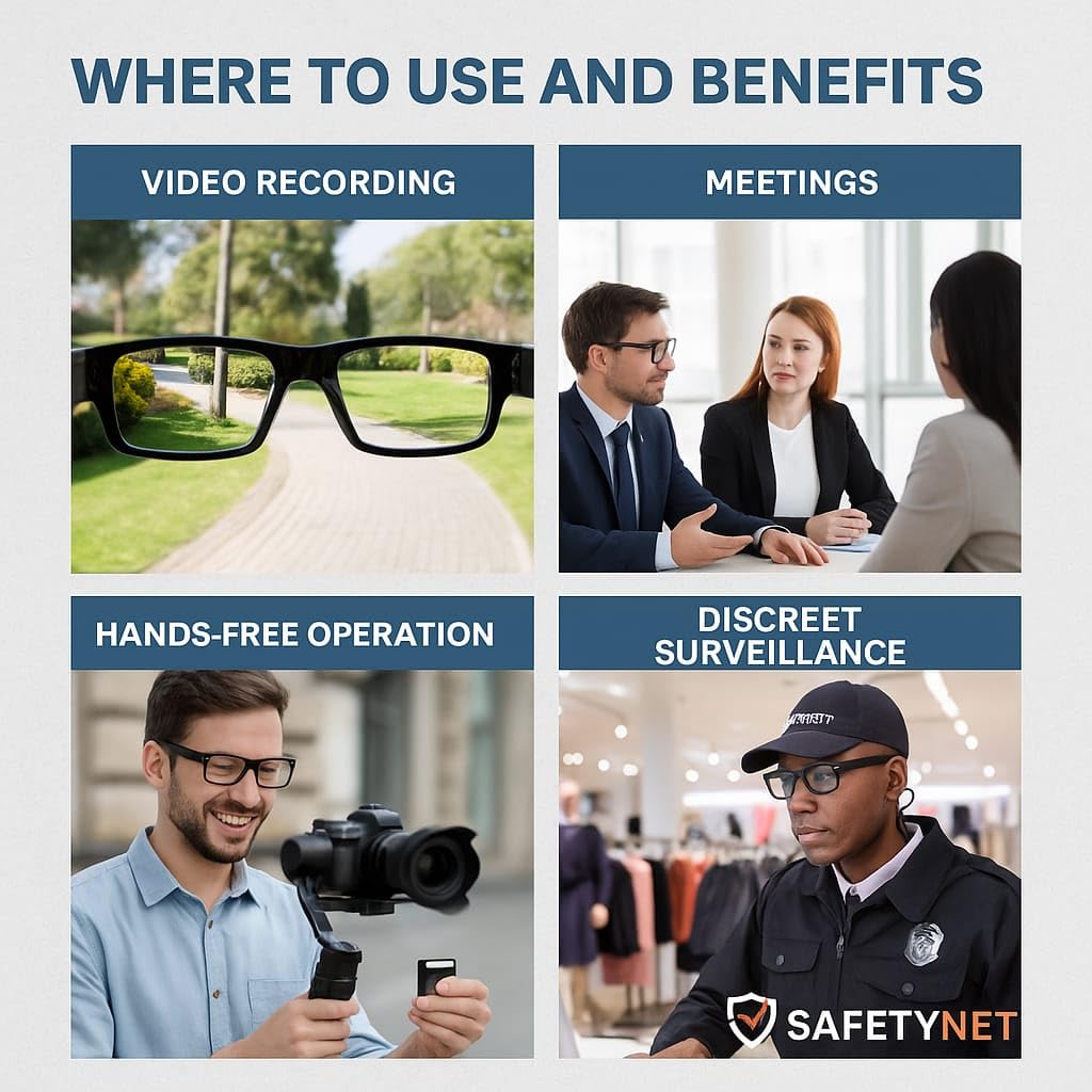 SAFETYNET Glasses Camera | 4K HD Video Recording | Discreet Lens Design | Lightweight Wearable for Home, Office & Meetings | Supports 64GB TF Card (Not Included)