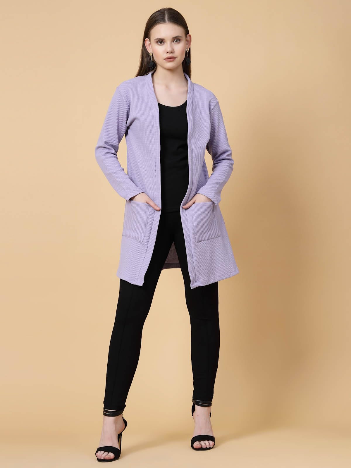 Rigo Cotton Front Open Shrug for Women | Stylish, Slim Fit, Long | Casual Wear, Solid Full Sleeves With Pockets (Light Purple, Free Size)