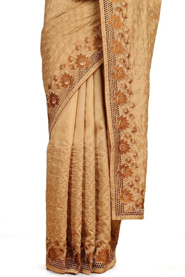 Soch Womens Beige Embroidered Tussar Saree With Cut Work