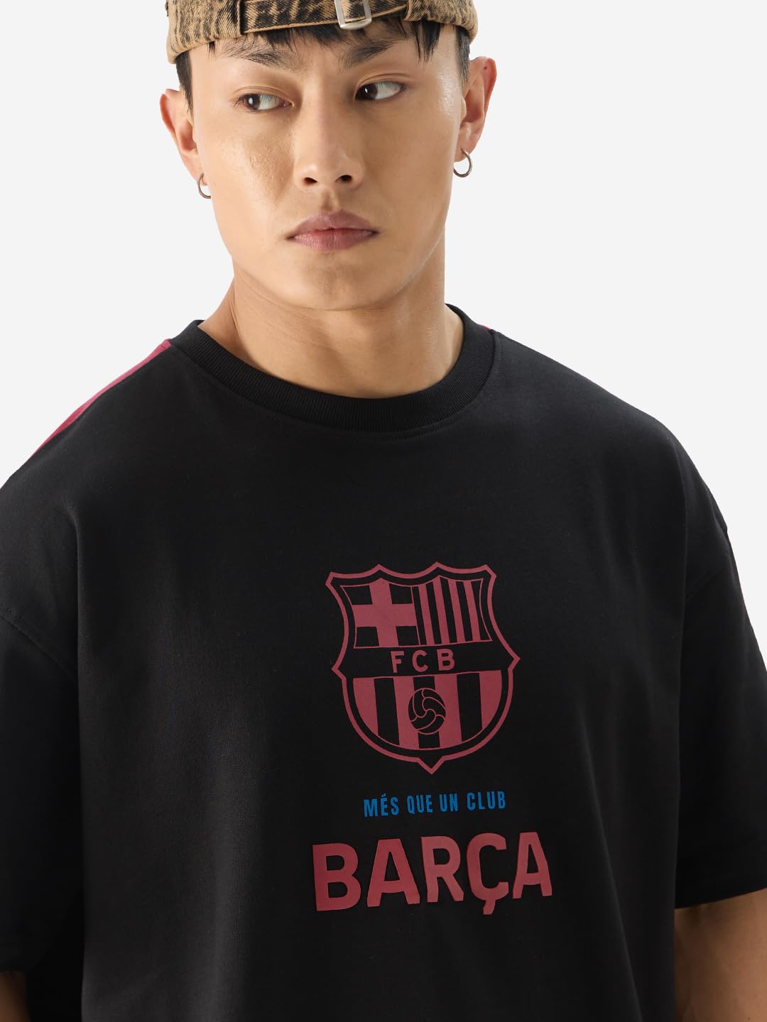 The Souled Store Official FCB: Camp NOU Black Graphic Printed Oversized Cotton T-Shirt for Men & Boys- Short Sleeve Round Neck