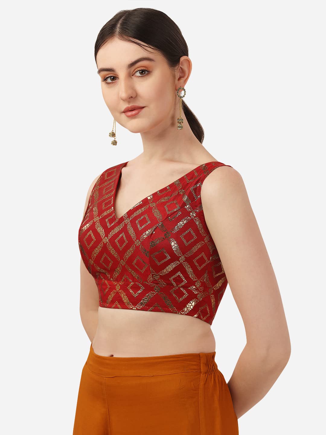 OOMPH! Women's Indian Ethnic Wear Designer Zari Work V Neck Sleeveless Blouse for Saree or Lehnga and BlousePalazzos or Skirts for a Fusion Twist.