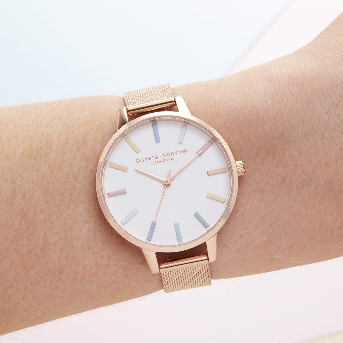 Olivia burton Rainbow Qtz Basic White & Stone Round Dial Women's Watch|Ionic Plated Rose Gold Steel Material|Gold Color Band - OB16RB24