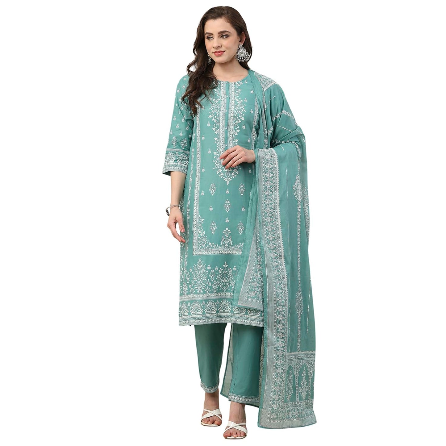 Biba Women Turquoise Cotton Straight Suit Set_32