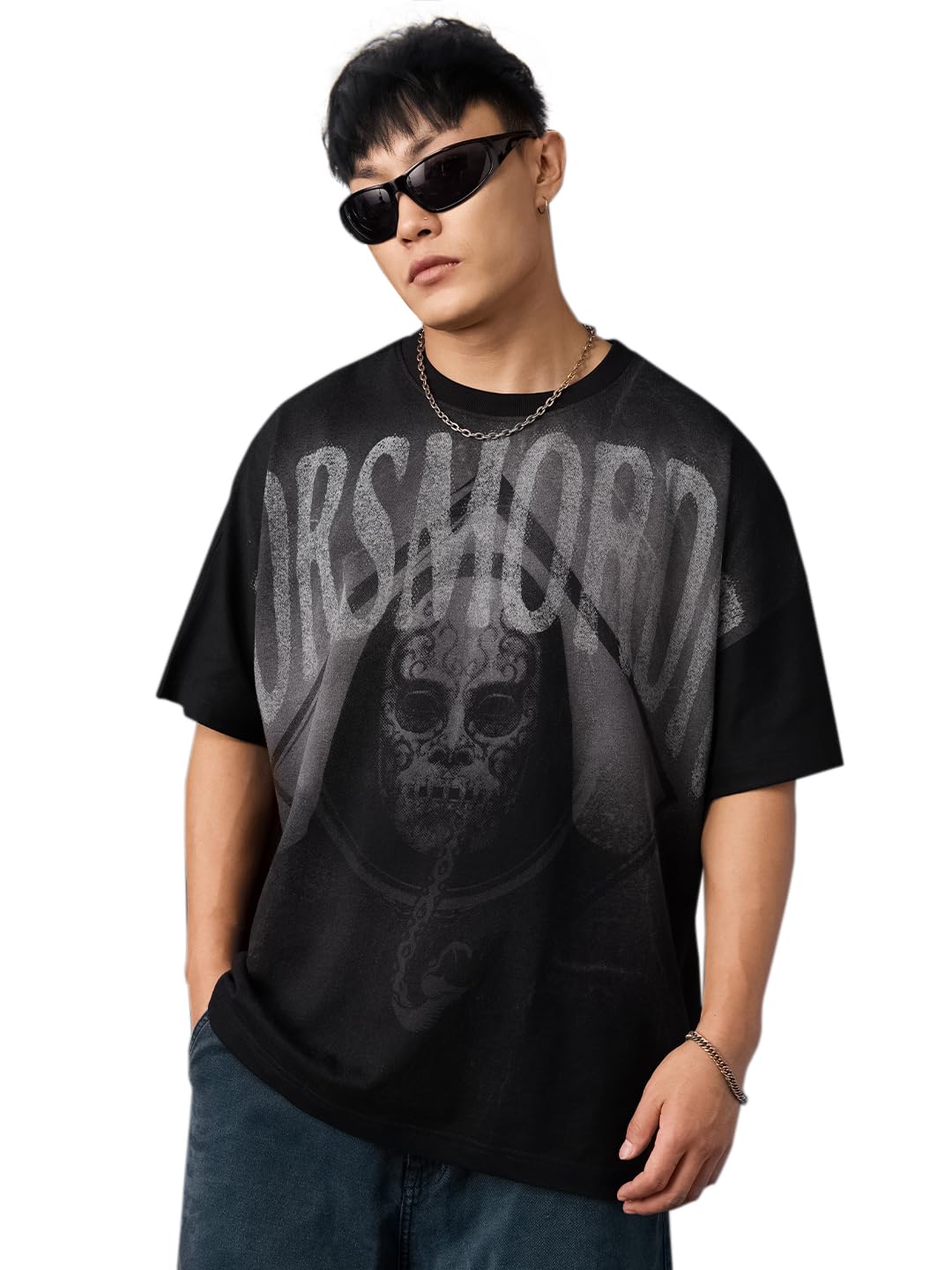 The Souled Store Harry Potter: Dark Arts Men and Boys Short Sleeves Round Neck Black Graphic Printed Cotton Lightweight All-Season Oversized T-Shirt