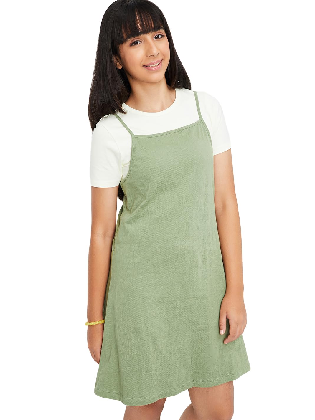 Max Girl's Pure Cotton A-Line Midi Dress (S25EDR11_Olive Green