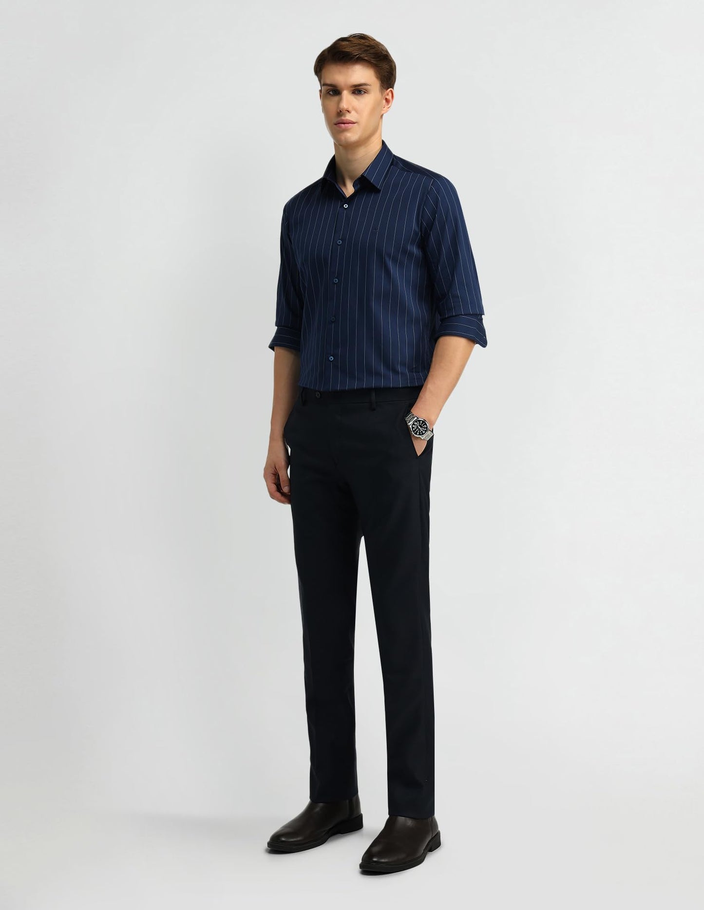 Arrow New York Men's Striped Slim Fit Shirt (ARES1244_Navy