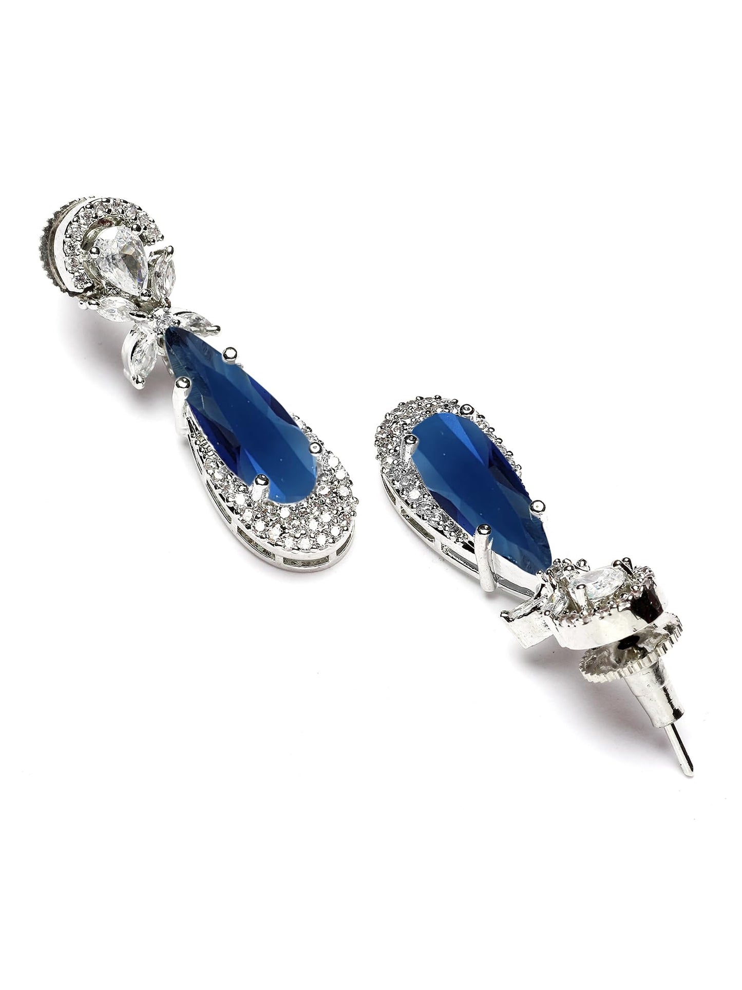 Karatcart Silver Tone Blue Drop Shape American Diamond Studded Jewellery Set for Women
