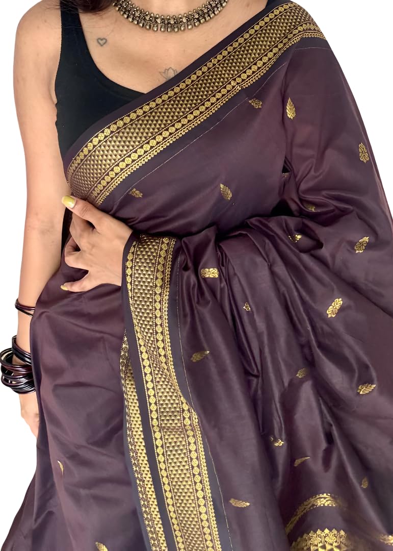 ILAIYAAL CLOTHINGS Women's Kanjivaram Cotton Silk Saree South Indian Paithani Sari | gadwal cotton sarees with Zari Border and Blouse Piece - Suitable For All Indian Occasions and Festivals Coffee01